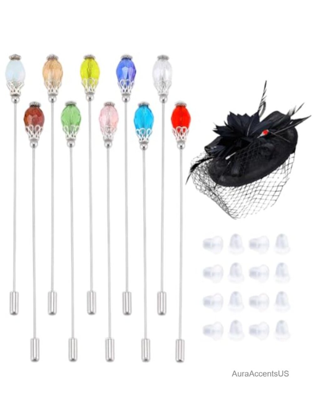 Glass Bead Crystal Hat Pins Brass 4.8 Inch Brooch Set